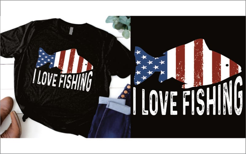 Me encanta pescar el diseño de la camiseta de la bandera de EE. UU.