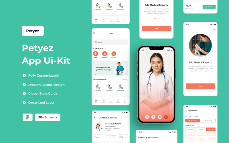 Petcare : un kit d'interface utilisateur d'application pour la gestion de la santé des animaux de compagnie et le service de médecin pour animaux de compagnie