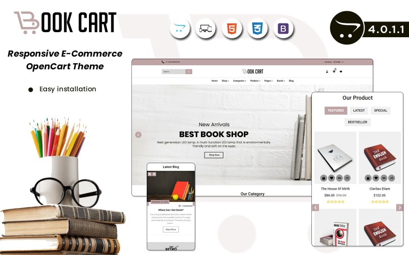 购物车:一个多功能的OpenCart 4.0.1.1-thema voor online boekverkopers