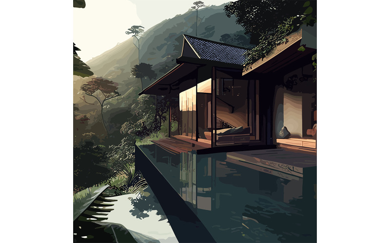 Logan Imagine Modern Small Bali Villa With Pool Over Long Illustration Vector