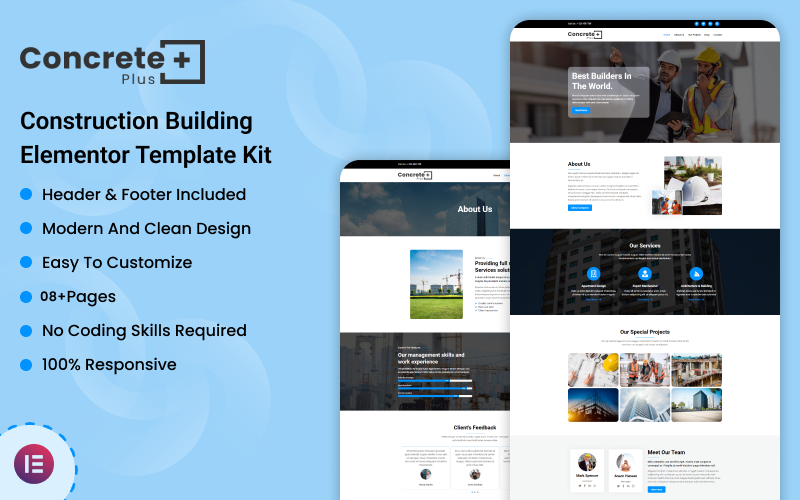 Concrete Plus — zestaw szablonów Elementor budynku budowlanego