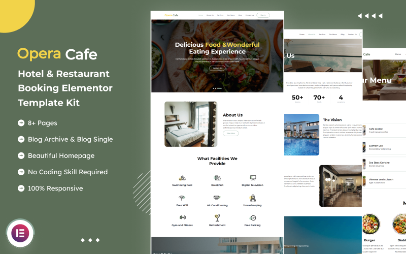 OperaCafe - Kit de plantilla de elementor de reserva de hotel y restaurante