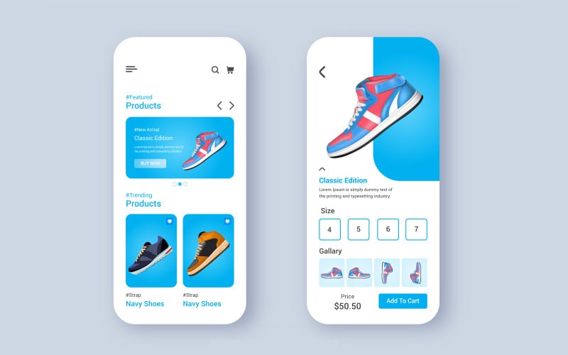 主页和产品细节UI移动屏幕运动鞋商店. 平面设计彩色UI工具包集合