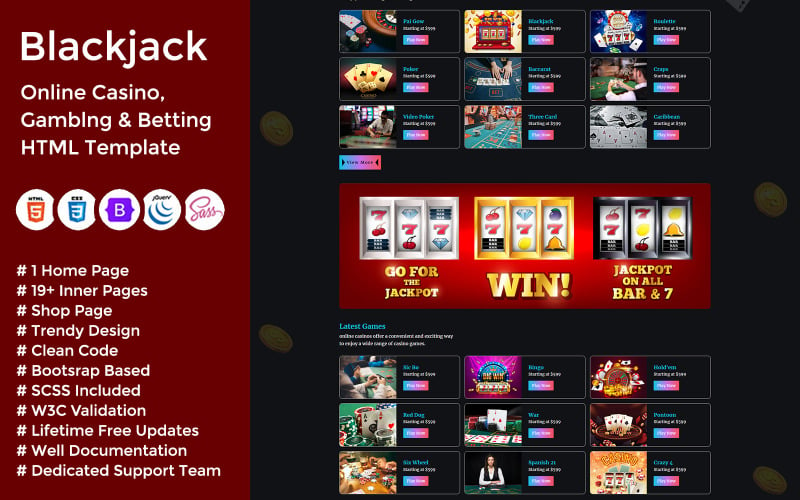 Blackjack - Online Casino, Gambling & 投注HTML模板