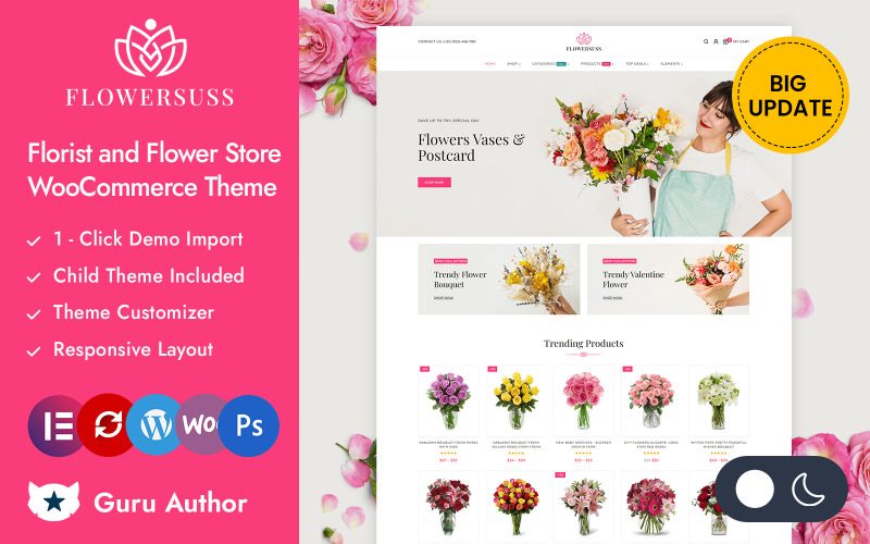 Flowersuss - Флорист и цветочный магазин Elementor Адаптивная тема для WooCommerce