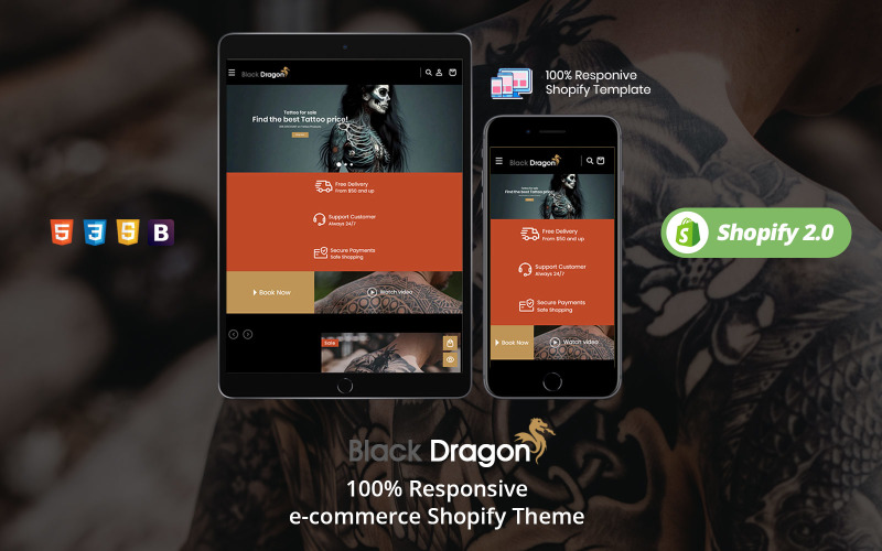 Blackdragon Tattoo -艺术品Black Tats身体艺术Shopify 2.0 Theme