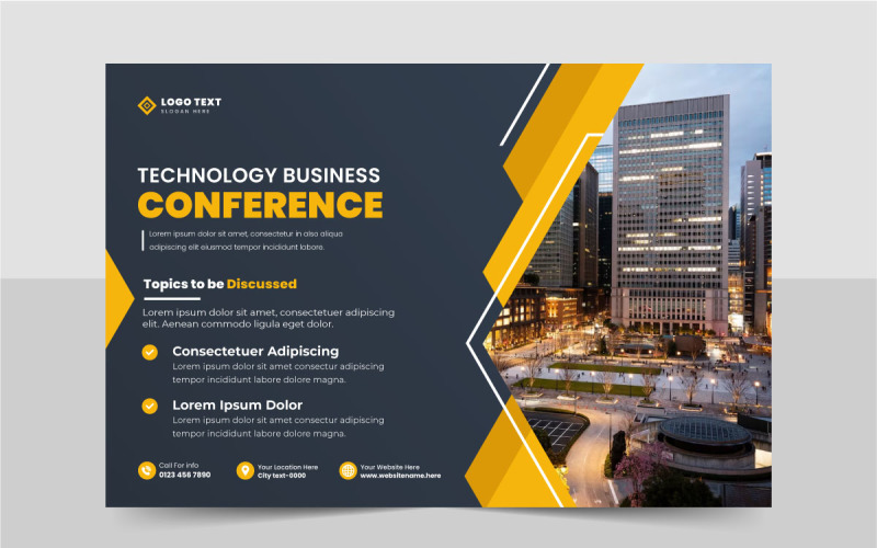 Modelo de panfleto de conferência de negócios de tecnologia ou layout de banner de mídia social de convite para evento.