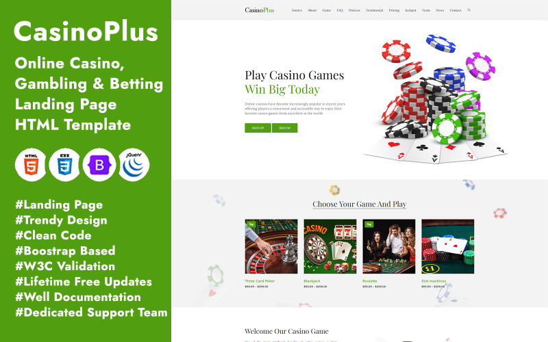 CasinoPlus -用于在线赌场、赌博和投注的登陆页面的html模板
