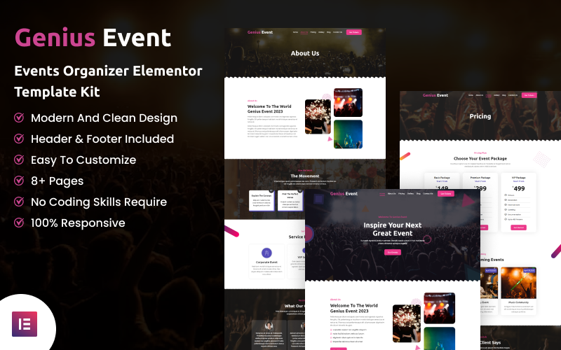Evento Genius - Kit de Modelo Elementor para Organizador de Eventos