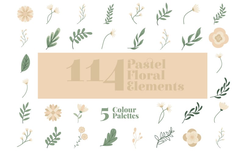 114 florale Elemente in 5 Pastellfarbpaletten: Vektor- und PNG-Dateien für kreative Projekte