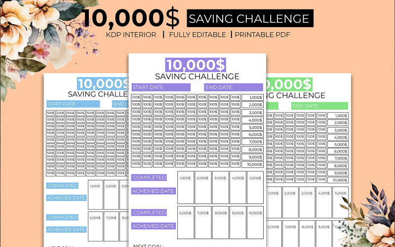 10K节省挑战日记规划师室内Kdp在3种不同的颜色