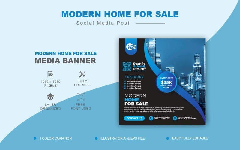 现代房屋出售房地产状态后设计或网页横幅模板-社交媒体模板