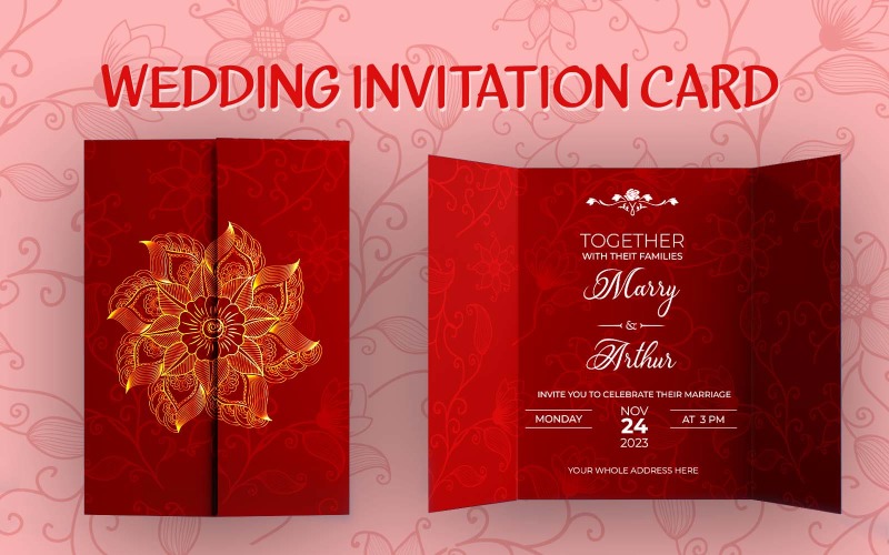 设计 criativo de cartão de convite de casamento com flor dourada