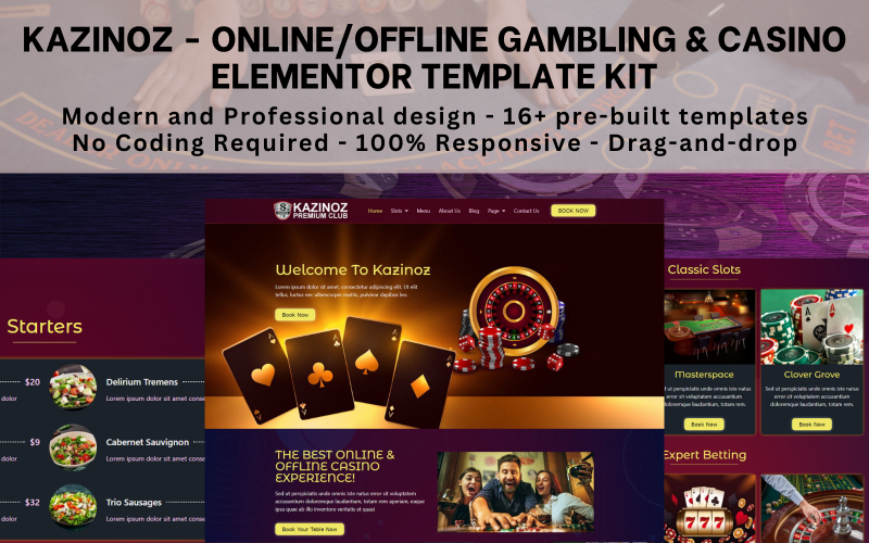 Kazinoz - Kit di modelli Elementor per gioco d'azzardo online/offline e casinò