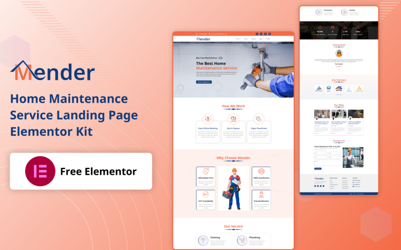 Mender - Kit Elementor de páginas de destino do serviço de manutenção doméstica