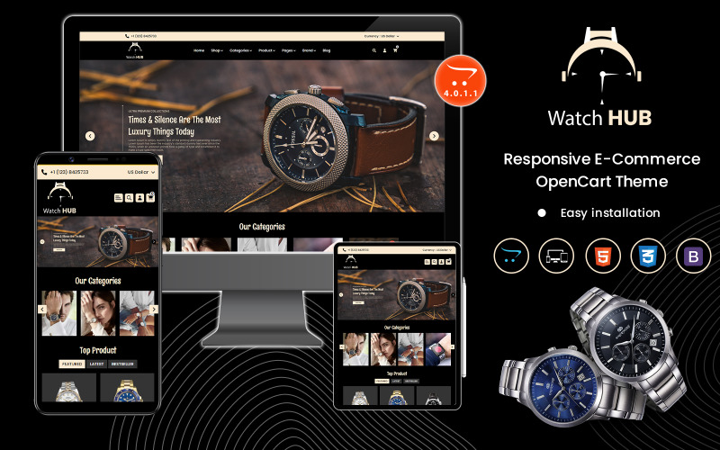 手表零售商的高级OpenCart模板:智能手表，品牌手表 & More