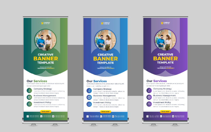 Design moderno de banner de enrolar, banner X, standee, design pull up para empresa de publicidade