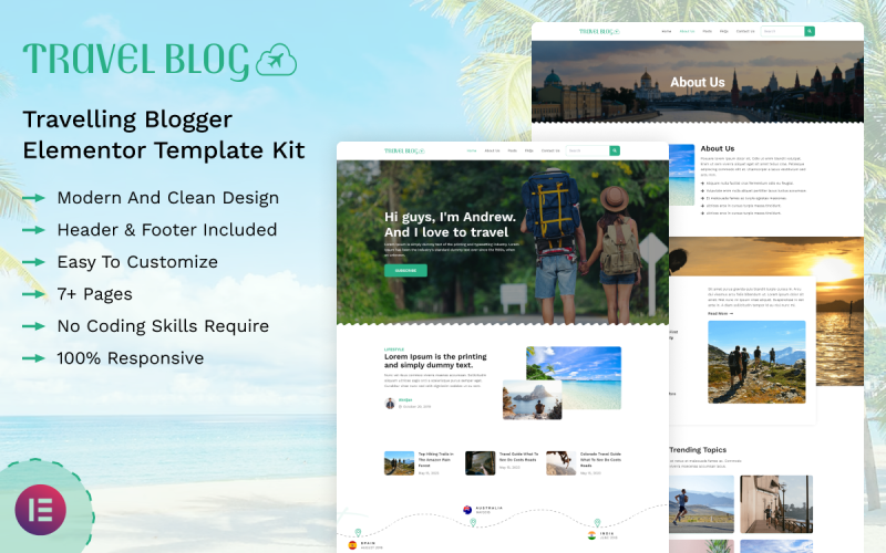 Blog de viajes: kit de plantillas Elementor para Blogger de viajes