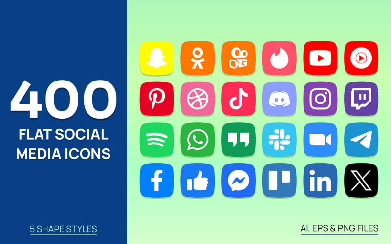 400 ícones planos de mídia social
