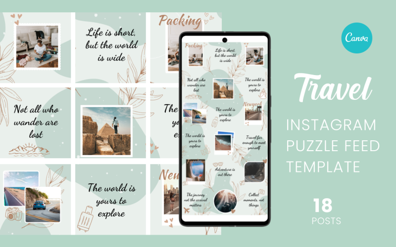 Reizen Instagram Puzzle Feed Canva-sjabloon - 18 Instagram-berichten