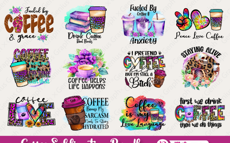 Coffee Sublimation PNG Bundle 12 Designs | Kaffe design