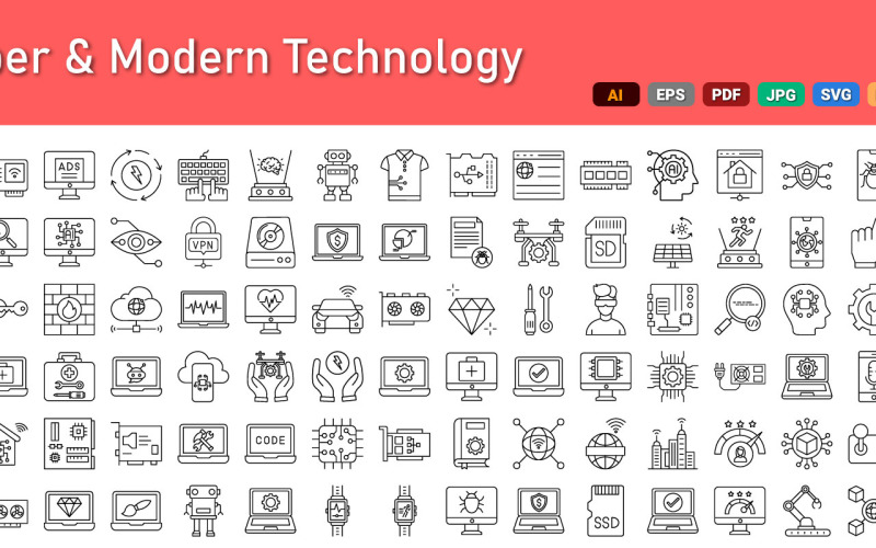 Pack d'icônes cyber et technologie moderne | IA | EPS | SVG