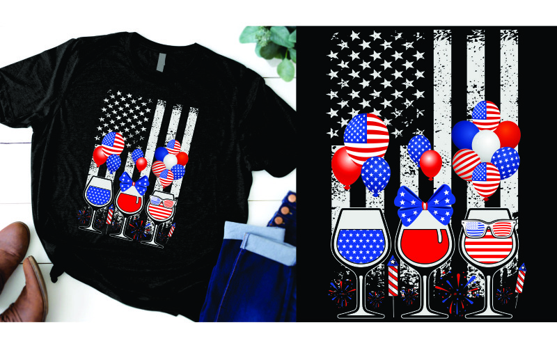 ABD Bayrağı Balonlu Kırmızı Şarap ve Mavi 4 Temmuz Bağımsızlık Günü T-Shirt Tasarımı