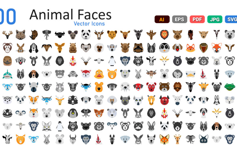 Állati arcok vektoros illusztráció ikonok