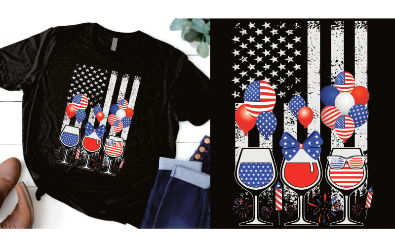 Červené víno a modré s balónky s vlajkou USA 4. července Návrh trička na den nezávislosti