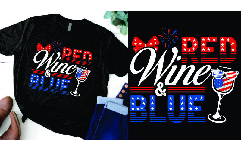 红酒 & 蓝色与美国国旗7月4日独立日t恤设计
