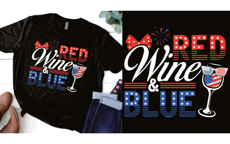 红葡萄酒和蓝色的美国国旗. UU. 7月4日独立日衬衫设计