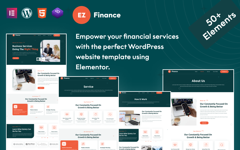 EZ Finance: capacite seus serviços financeiros com modelo responsivo WordPress usando Elementor.