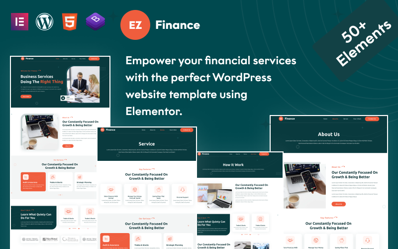 EZ Finance: Erősítse meg pénzügyi szolgáltatásait a WordPress reszponzív sablonjával az Elementor használatával.