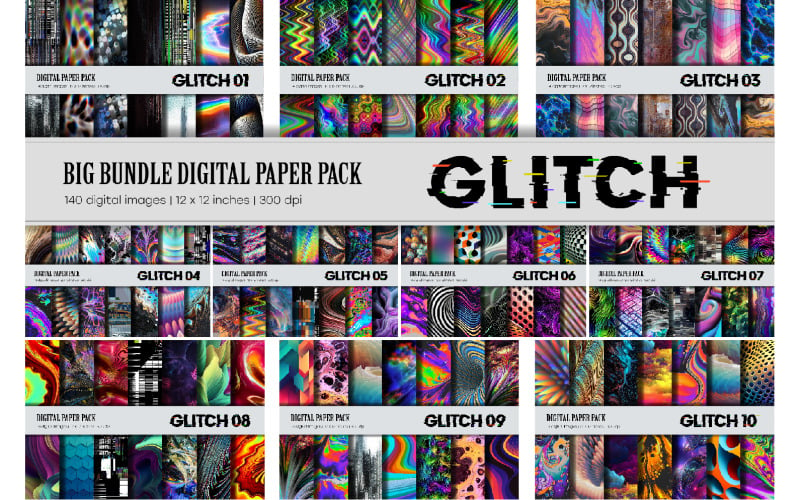 Big Bundle Glitch psichedelico. Set di carta digitale.