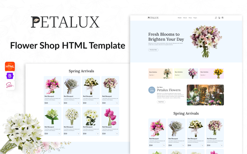 盛开的美丽:Petalux -您精致的电子商务HTML模板为您的花店