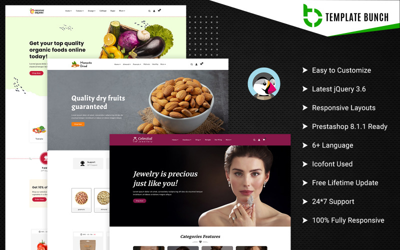 Organic Dry and Jewels: tema de Prestashop receptivo para verduras de comercio electrónico