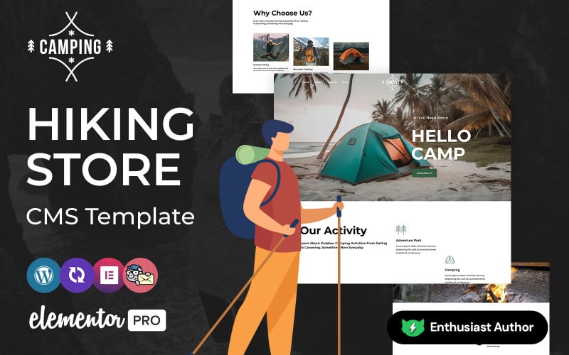 露营-徒步旅行，露营和冒险WordPress元素CMS模板