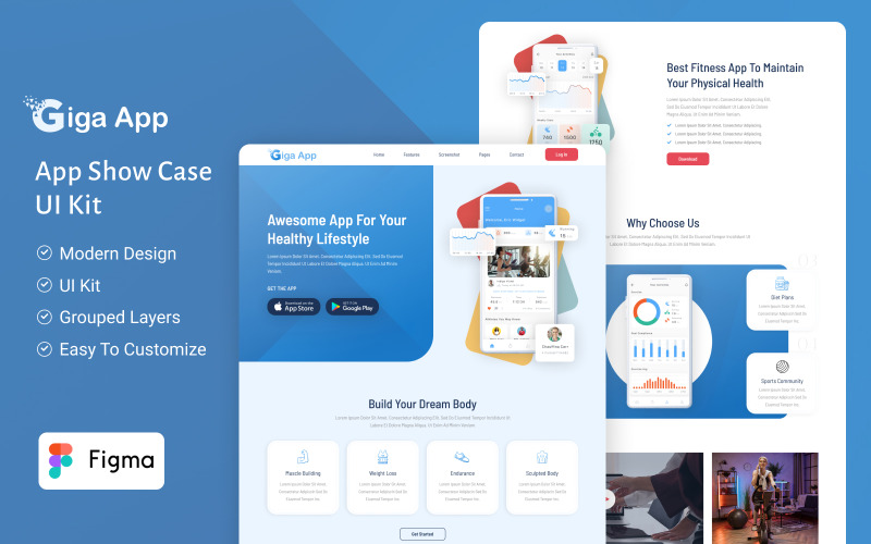 Giga 应用程序 - 健康和健身服务移动应用程序登陆页面 Figma Ui Kit
