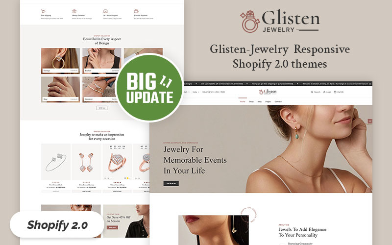 Glisten - Modern Takı ve Moda Mağazası Çok Amaçlı Shopify 2.0 Duyarlı Teması