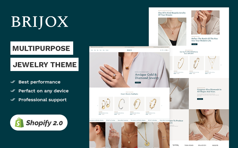 Brijox - Роскошный магазин ювелирных изделий и имитаций Shopify 2.0 Многоцелевая адаптивная тема