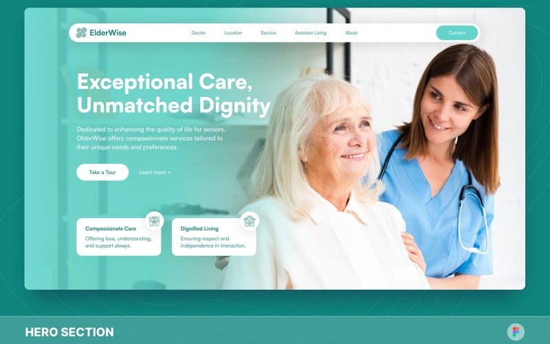 ElderWise – Figma-Vorlage für Senior Care Hero Section
