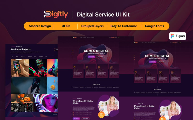 Digitly – веб-сайт агентства цифрових послуг Figma UI Kit