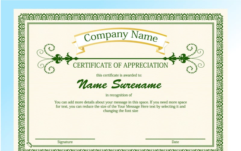 Diseño de certificado verde de papel antiguo creativo de apreciación