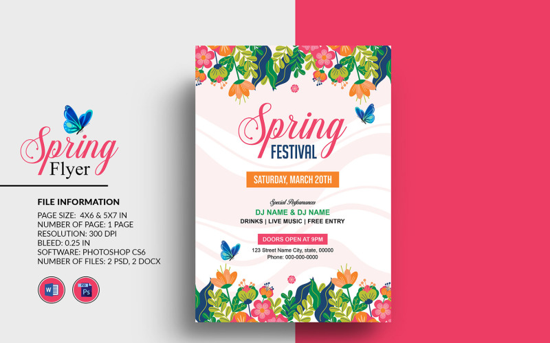 Frühlingsparty-Einladungs-Flyer-Vorlage. Frau Word und Photoshop