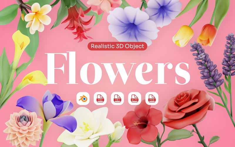 流动-各种花卉3D图标集(玫瑰金盏花郁金香薰衣草和其他)