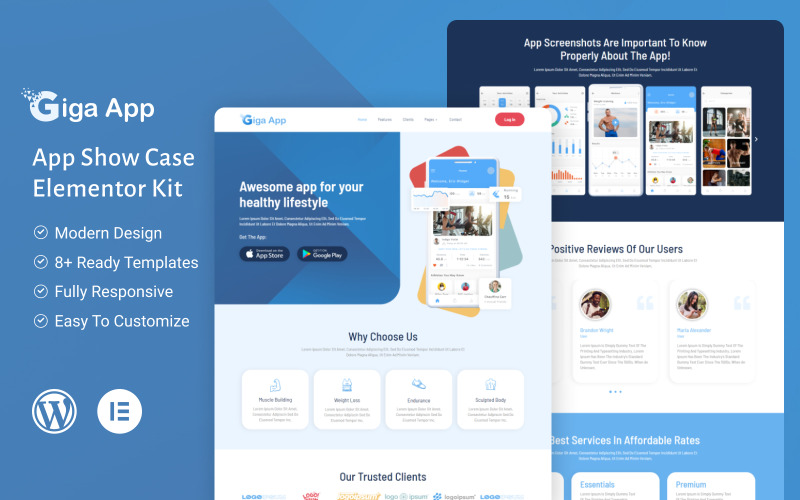 Giga App- Hälso- och fitnesstjänster Mobile App Showcase Landing Page Elementor-kit