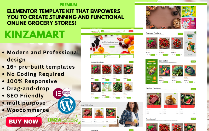 Kinza Mart - Kit de modèles Elementor WooCommerce Épiceries et magasins d'alimentation saine