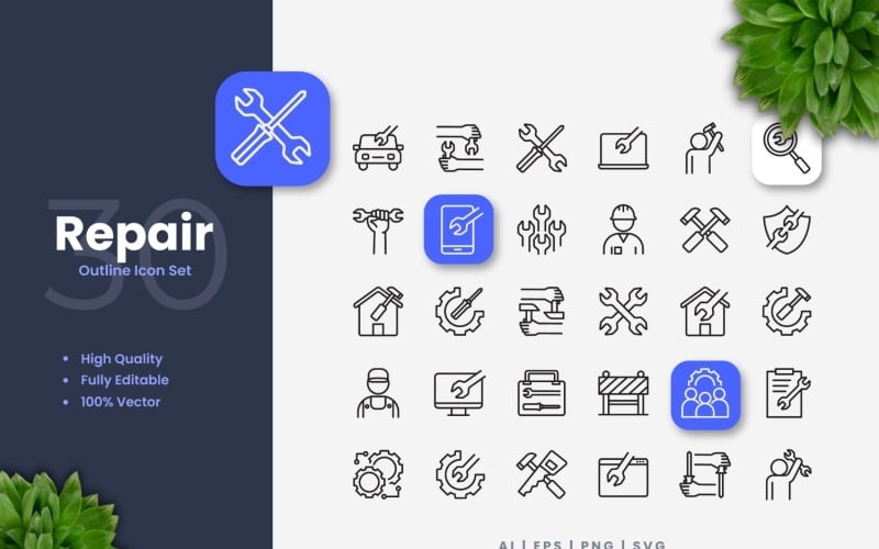 30 Repair Outline Icon Set