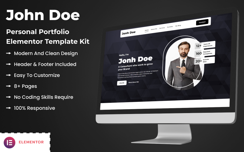 John Doe - Kit di modelli Elementor per portfolio personale
