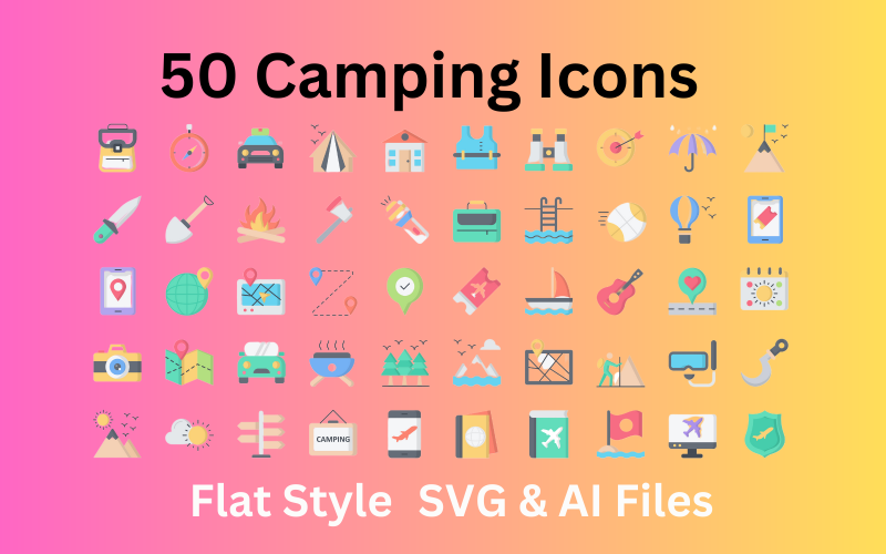 Kemping ikonkészlet 50 lapos ikon - SVG és AI fájlok
